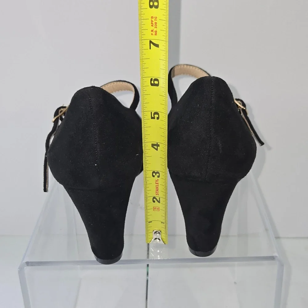 Difema Womens Black Faux Suede Mary Jane Wedge Heels Pumps Size 10 Round Toe